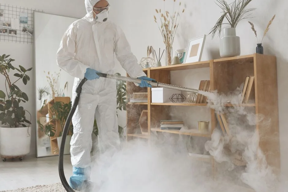Couple preparing living room by covering the couch with protective white cloth.